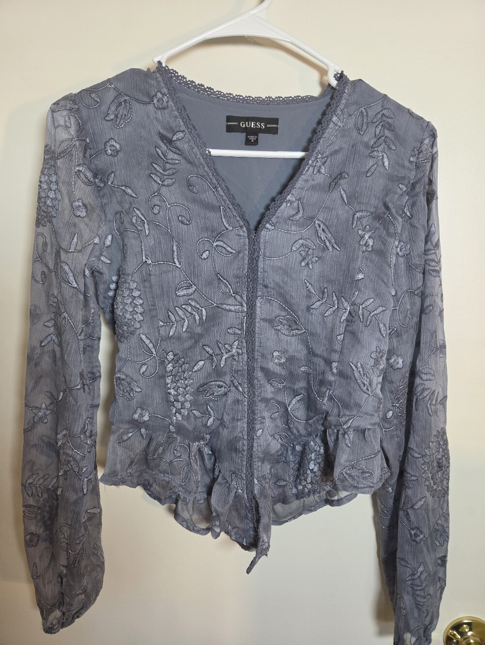 GUESS Seiah Grey/Blue Sheer Lace Embroidered Top Whimsigoth Fairy Boho Size 16